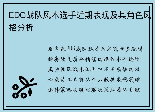 EDG战队风木选手近期表现及其角色风格分析